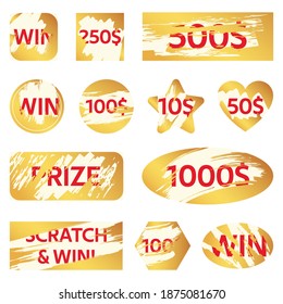 Scratch lottery card. Lottery win ticket, golden scratch cards for lottery game. Winning game card covers vector illustration set. Game winner money, lucky reward cash, ticket card