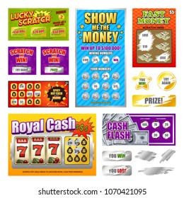 Scratch lottery games realistic cards collection with lucky winning tickets and  looser marks revealed isolated vector illustration 