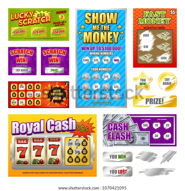 Scratch lottery games realistic cards collection with\
lucky winning tickets and  looser marks revealed isolated vector\
illustration 