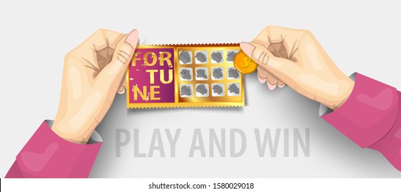 Scratch lottery ticket template. Scratch lottery in hands isolated. Jackpot template advertising. A hand scratching a lottery coins. Realistic vector illustration