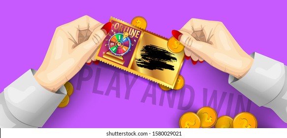 Scratch lottery ticket template. Scratch lottery in hands isolated. Jackpot template advertising. A hand scratching a lottery coins. Realistic vector illustration