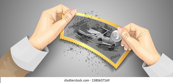 Scratch lottery ticket template. Scratch lottery in hands isolated. Jackpot template advertising. A hand scratching a lottery coins. Realistic vector illustration