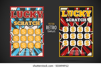 scratch off lottery card retro ticket. Vector color design template