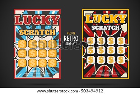 scratch off lottery card retro ticket. Vector color design template