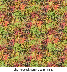 Scratch painting style seamless vector texture pattern background. Tropical color backdrop with painterly brushstrokes creating a weave effect. Canvas scratched textural design. Etched scribble repeat