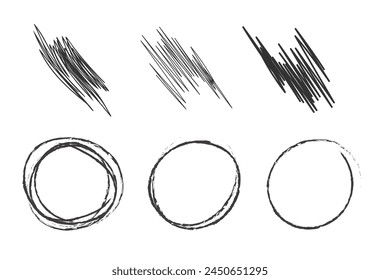 Scratch scribble graphic element vector set, pencil pen circle sketch scrawl shape doodle ring illustration, grungy black white dirty crayon hatching effect image clip art