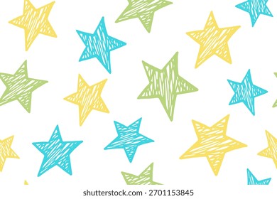 Scratch stars fairytale vector seamless pattern. Festive background. Christmas decoration. Fabric print with primitive doodle stars. Baby clothes ornament.