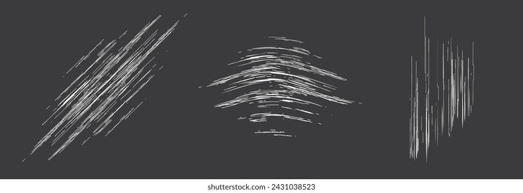 Scratch texture element vector graphic set, scribble scrape effect overlay white on black dark background, grunge abrasion drawn strokes scrawl image clipart