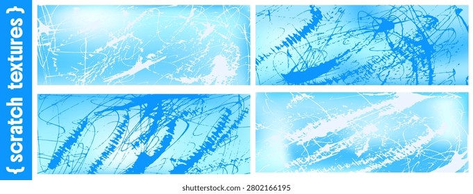 Scratch texture on blue gradient with gritty grunge and frozen ice. Abstract scratch backgrounds set for esport banner and gaming. Distressed texture vector overlay in arctic winter tones.