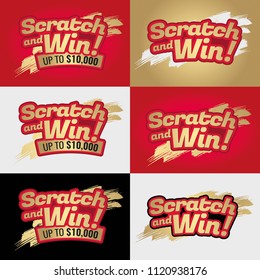 Scratch And Win Letters. Background Scratching Effect. For Tickets, Cards, Gift Cards, Promotions, Banners. Golden Colors Letters. CMYK Colors. Vector Illustration