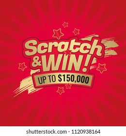 Scratch and win letters. Scratched effect background and stars. Place for prize. For tickets, signs, promotion announcements, banners. Golden colors letters. CMYK colors. Vector illustration - Shutterstock ID 1120938164