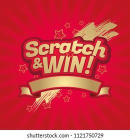 Scratch and win letters. Scratched effect background and stars. Ribbon for your text. For tickets, signs, promotion announcements, banners. Golden colors letters. CMYK colors. Vector illustration