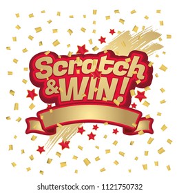 Scratch and win letters. Scratched effect background and stars. Ribbon for your text. For tickets, signs, promotion announcements, banners. Golden colors letters. CMYK colors. Vector illustration