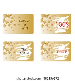 Scratch And Win A Prize Or Try Again Card Vector. Lottery Ticket In Gold Color With Stars.