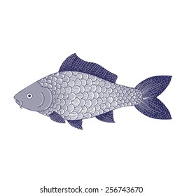Scratchboard art illustration of bass fish