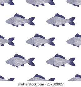 Scratchboard art illustration of bass fish seamless pattern, eps 8 file