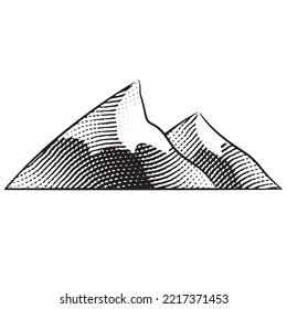 Scratchboard Engraving of Mountains isolated on a White Background