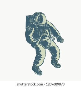 Scratchboard style illustration of an astronaut, cosmonaut or spaceman floating in spacdone on scraperboard on isolated background.