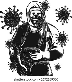 Scratchboard style illustration of an EMT,Emergency Medical Technician, firefighter, Paramedic, researcher,  Worker Wearing Hazmat Suit done on scraperboard on isolated background.