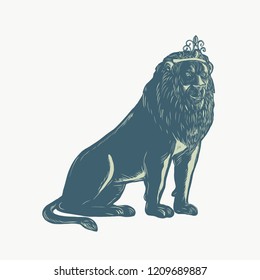 Scratchboard style illustration of a lion wearing a tiara sitting down viewed from front done on scraperboard on isolated background.