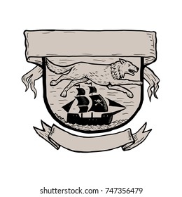 Scratchboard style illustration of a wolf running or flying over a pirate sailing ship set inside crest or shield with banner done on scraperboard on isolated background.