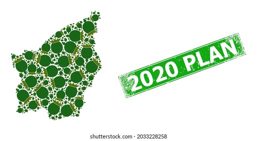 Scratched 2020 Plan Stempel-Siegel, und San Marino Karte Mosaik von Mohn Kopfsymbole. Grünes Rechteck-Siegel enthält 2020 Plantitel im Rechteck.