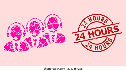 Scratched 24 Hours seal, and pink love heart collage for call center staff. Red round stamp seal contains 24 Hours caption inside circle. Call center staff collage is created of pink dating items.