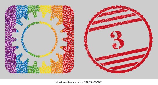 Scratched 3 stamp and mosaic cogwheel hole for LGBT. Dotted rounded rectangle mosaic is around cogwheel cut out shape. LGBT rainbow colors. Red rounded scratched stamp with 3 title.