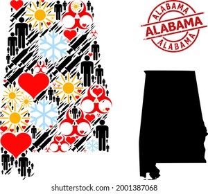 Scratched Alabama stamp seal, and spring man vaccine collage map of Alabama State. Red round stamp seal contains Alabama caption inside circle. Map of Alabama State collage is formed of snow, sun,