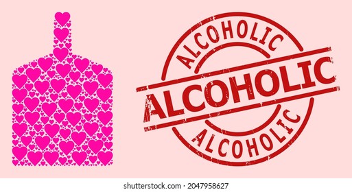 Scratched Alcoholic stamp seal, and pink love heart collage for wide bottle. Red round stamp seal includes Alcoholic tag inside circle. Wide bottle collage is done from pink romantic items.