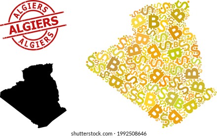 Scratched Algiers seal, and financial collage map of Algeria. Red round stamp seal has Algiers tag inside circle. Map of Algeria collage is done from financial, dollar, bitcoin golden elements.