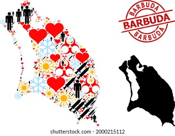 Scratched Barbuda stamp, and winter humans Covid-2019 treatment collage map of Barbuda Island. Red round stamp seal includes Barbuda caption inside circle.