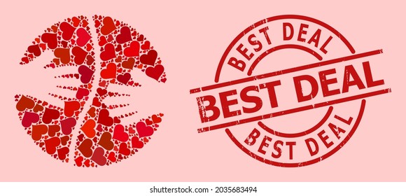 Scratched Best Deal stamp seal, and red love heart mosaic for cooperation hands. Red round stamp contains Best Deal text inside circle. Cooperation hands mosaic is made of red romantic icons.