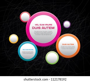 Scratched black vector background with plastic colorful circles / badges
