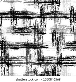 Scratched Black and White Grunge Seamless Pattern. Rusty Paintbrush Stripes Texture. Rough Scratched Cloth Pattern. Modern Plaid Texture Design.