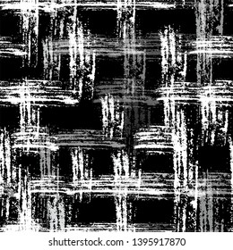 Scratched Black and White Grunge Seamless Pattern. Dry Brush Overlay Texture. Rough Scratched Cloth Pattern. Modern Plaid Texture Design.