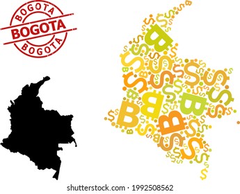 Scratched Bogota stamp, and finance mosaic map of Colombia. Red round stamp seal contains Bogota tag inside circle. Map of Colombia mosaic is formed of finance, dollar, bitcoin yellow elements.