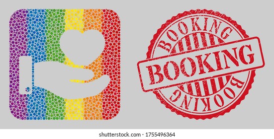 Scratched Booking stamp seal and mosaic favourite heart offer hand subtracted for LGBT. Dotted rounded rectangle mosaic is around favourite heart offer hand subtracted space. LGBT rainbow colors.