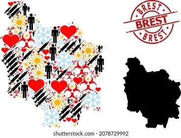 Scratched Brest stamp, and heart customers syringe collage map of Burgundy Province. Red round stamp seal has Brest title inside circle. Map of Burgundy Province collage is organized with winter,