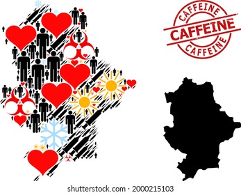 Scratched Caffeine stamp seal, and frost humans vaccine mosaic map of Donetsk Republic. Red round seal contains Caffeine title inside circle. Map of Donetsk Republic mosaic is organized with winter,
