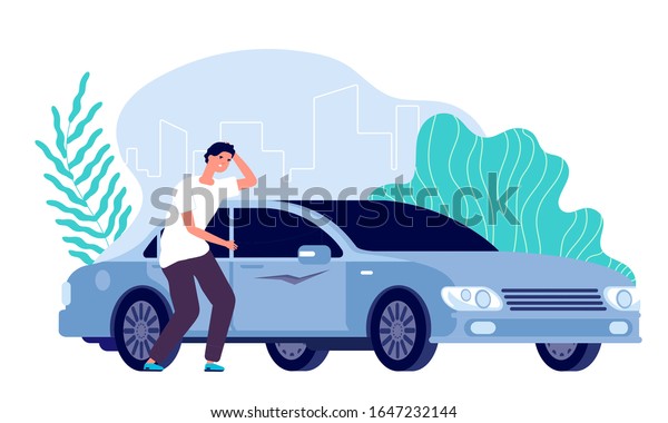 Scratched car. Man worried, auto needs repair.\
Disappointed businessman and vehicle, cartoon worry guy and spoiled\
transport vector\
concept