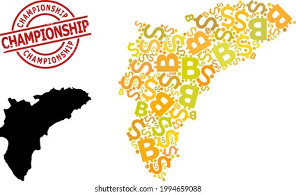 Scratched Championship stamp seal, and money mosaic map of Alicante Province. Red round seal contains Championship text inside circle. Map of Alicante Province mosaic is designed from money, dollar,