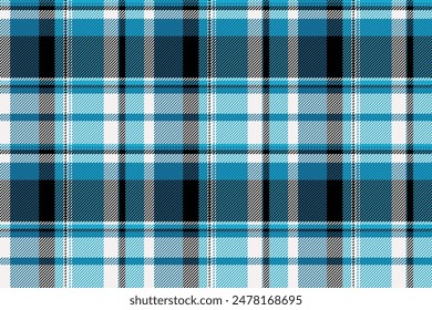 Scratched check texture textile, back background plaid tartan. Household vector seamless pattern fabric in cyan and white colors.