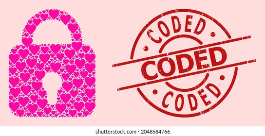 Scratched Coded stamp seal, and pink love heart mosaic for lock. Red round stamp seal has Coded caption inside circle. Lock mosaic is organized of pink amour symbols.