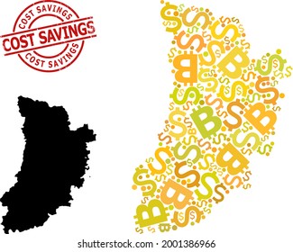 Scratched Cost Savings seal, and financial mosaic map of Lleida Province. Red round seal includes Cost Savings title inside circle. Map of Lleida Province mosaic is composed of financial, dollar,