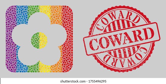 Scratched Coward watermark and mosaic flower subtracted for LGBT. Dotted rounded rectangle collage is around flower subtracted shape. LGBT spectrum colors.