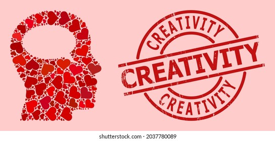 Scratched Creativity stamp seal, and red love heart mosaic for thinking. Red round stamp seal contains Creativity text inside circle. Thinking mosaic is designed from red romantic elements.
