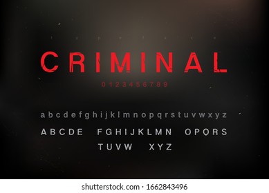 Scratched criminal theme alphabet font set with uppercase lowercase and numbers on dark backround