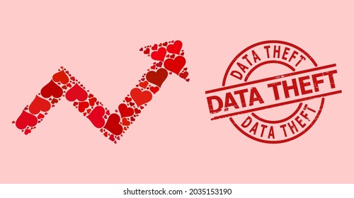 Sello de robo de datos, mosaico de corazón de amor rojo para flecha hacia arriba. El sello rojo redondo contiene el título de robo de datos dentro del círculo. El mosaico de flecha de tendencia hacia arriba se construye a partir de símbolos de color rojo amargo.