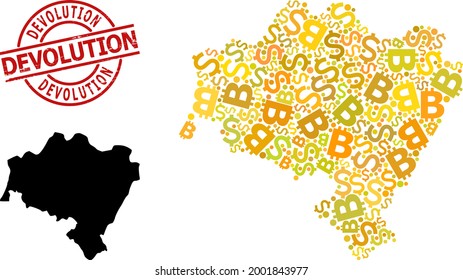 Scratched Devolution Stamp Seal, And Financial Collage Map Of Lower Silesia Province. Red Round Stamp Includes Devolution Tag Inside Circle.